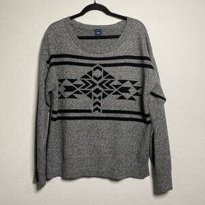 GAP Women Gray Aztec Pattern Crew Neck Long Sleeve Sweater Size XL Lodge‎ Cabin